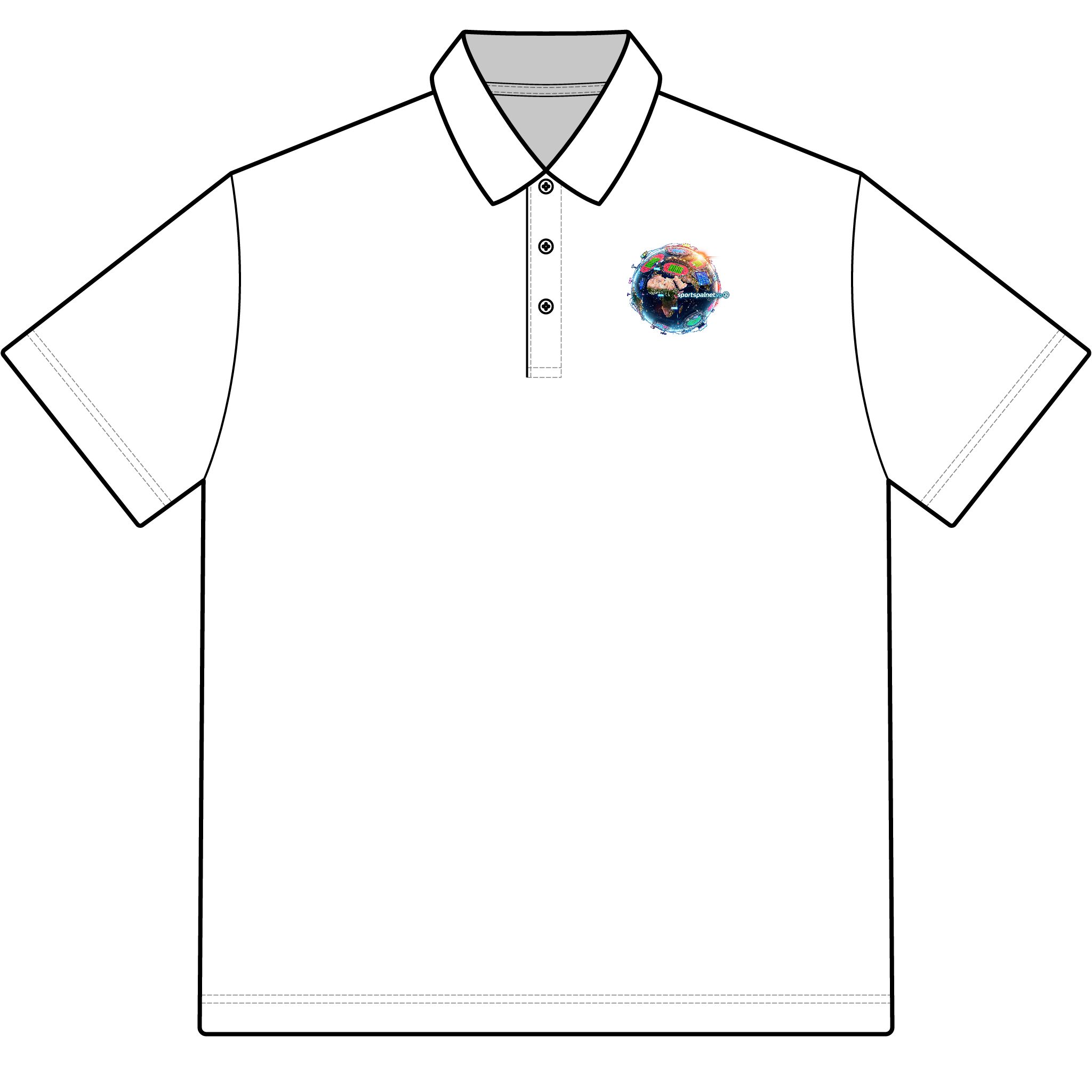 White Sportsplanet.vip men's polo with a colorful globe logo on the left chest